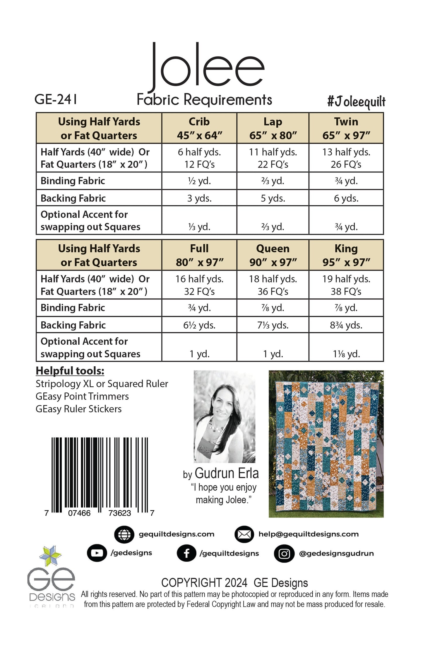 Jolee - 1/2 yard or Fat Quarter Pattern 241 Pattern GE Designs