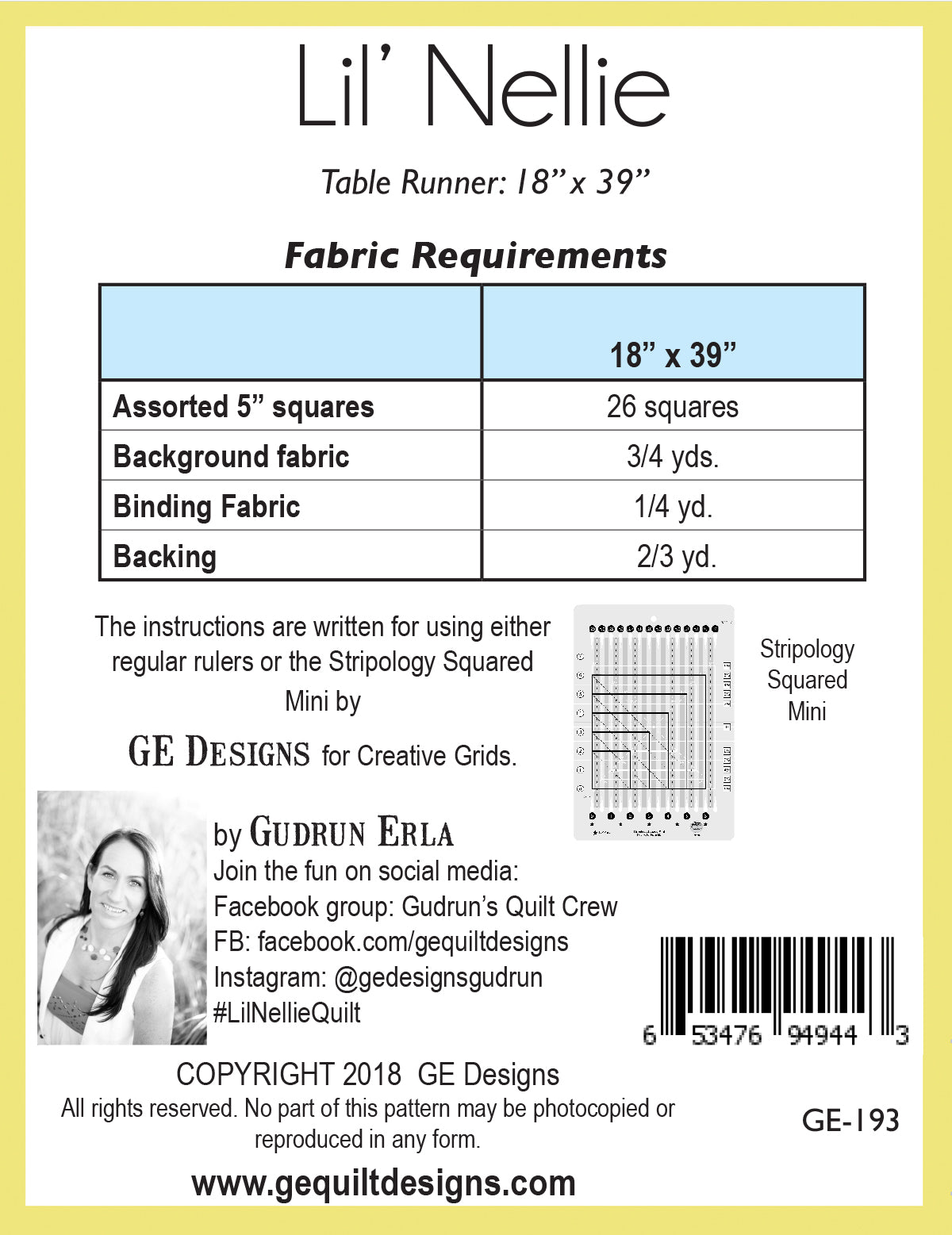 Lil' Nellie - Table runner pattern 193 Pattern GE Designs