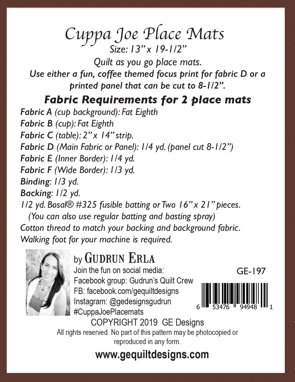 Cuppa Joe Placemat Pattern 197 Pattern GE Designs   