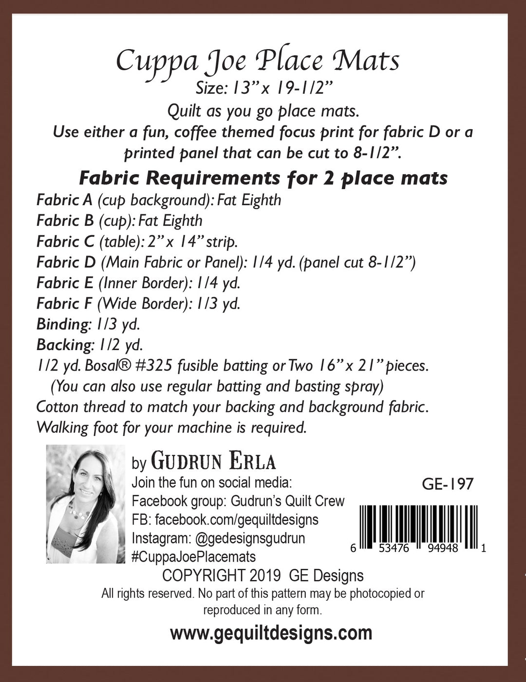 Cuppa Joe Placemat Pattern 197 Pattern GE Designs   