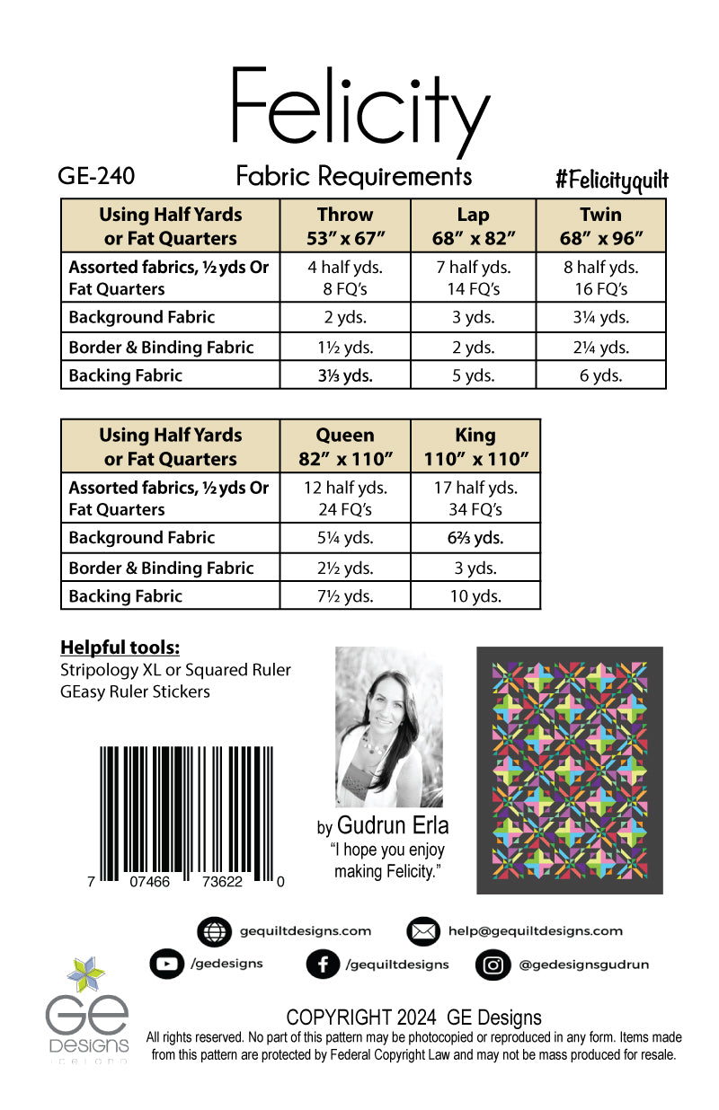 Felicity - 1/2 yard or Fat Quarter Pattern 240 Pattern GE Designs