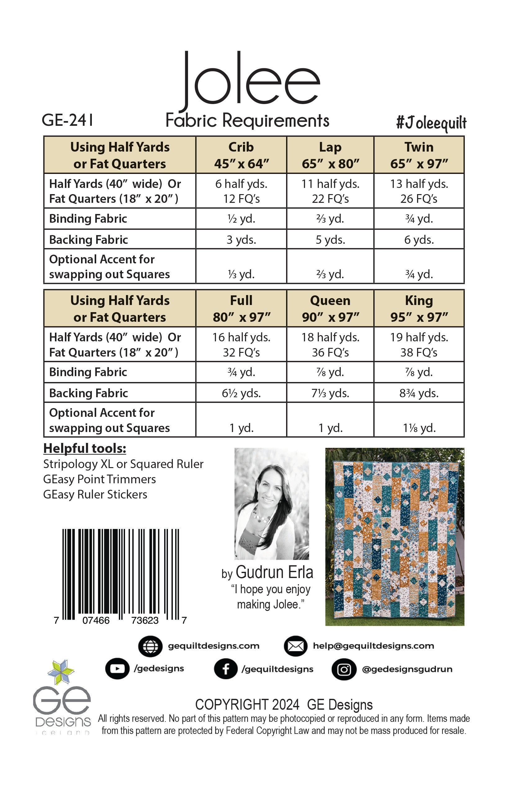 Jolee - 1/2 yard or Fat Quarter Pattern 241 Pattern GE Designs