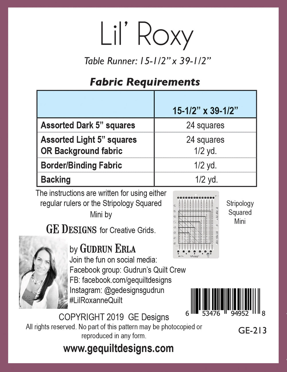 Lil' Roxy - Table Runner Pattern 213 Pattern GE Designs   
