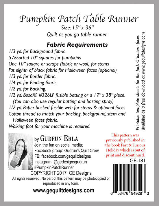 Pumpkin Patch Table Runner Pattern 181 Pattern GE Designs   