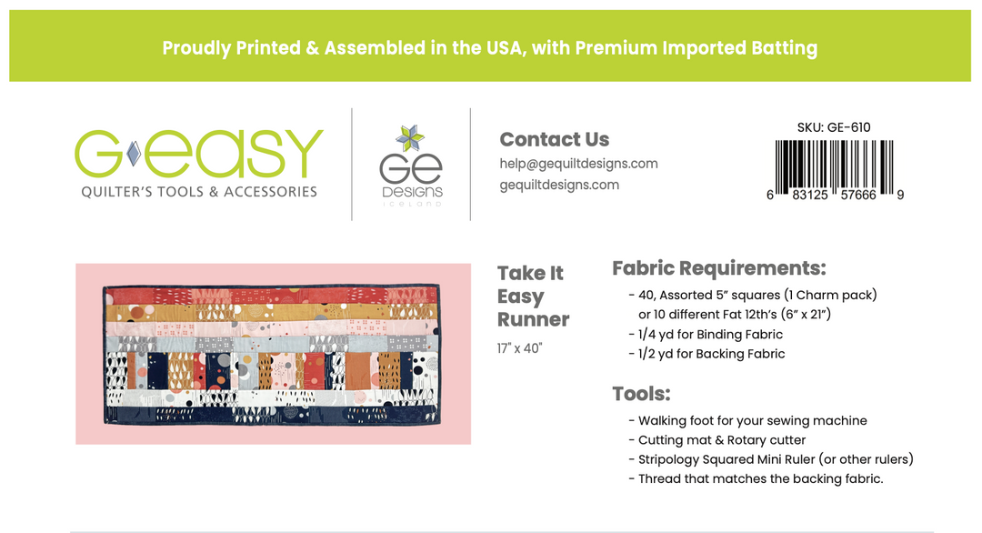 Quilt-As-You-Go Batting Kit - Take It Easy Runner (New Quilter Offer) Pattern GE Designs