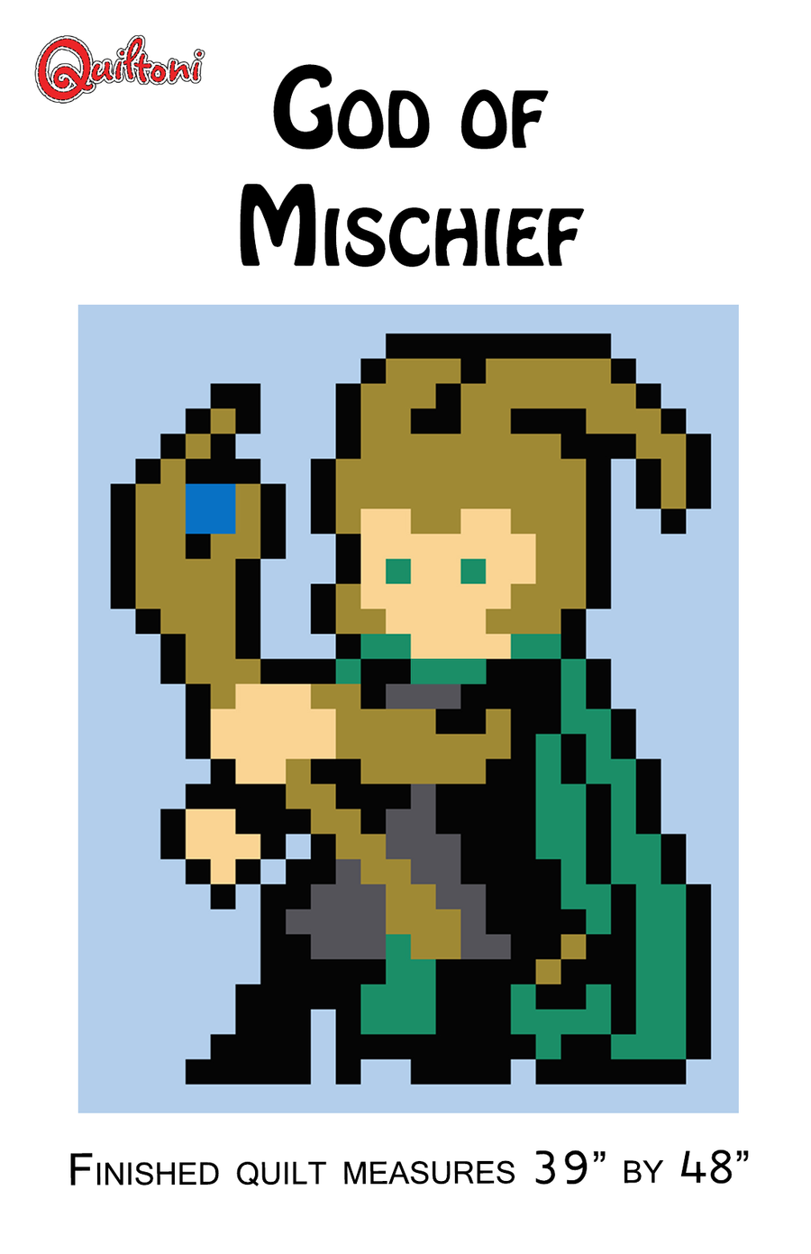 Pattern cover: Quiltoni God of Mischief pixel quilt pattern