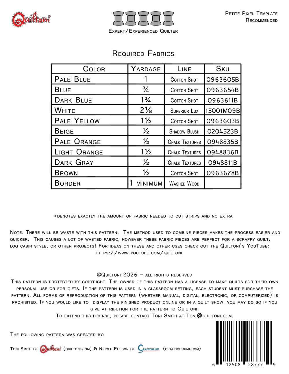 Pattern back cover: Quiltoni Pixelated Masterpiece: The Great Wave, showing required fabrics and skill level