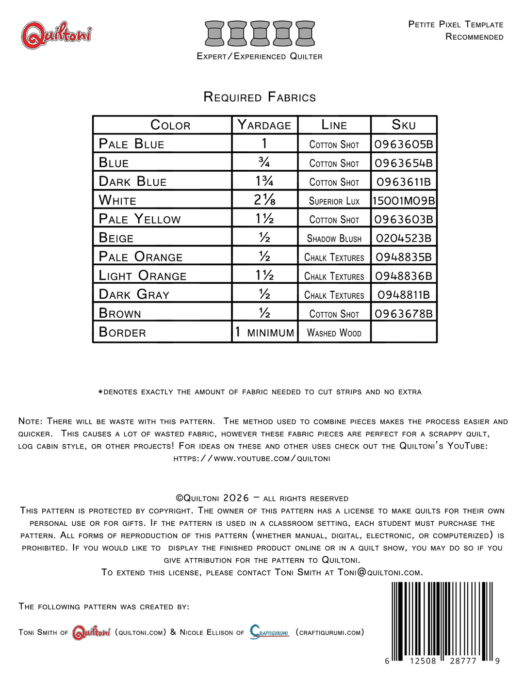 Pattern back cover: Quiltoni Pixelated Masterpiece: The Great Wave, showing required fabrics and skill level