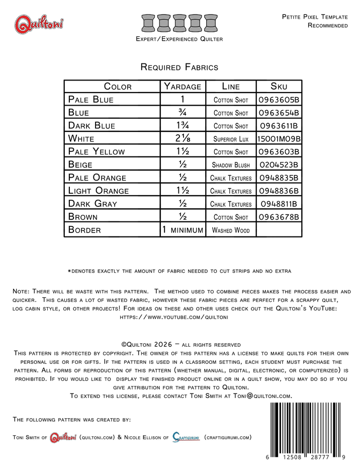 Pattern back cover: Quiltoni Pixelated Masterpiece: The Great Wave, showing required fabrics and skill level