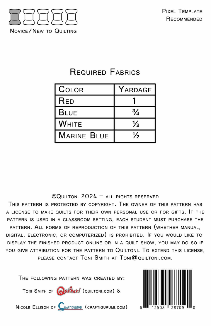 Pattern back cover: Quiltoni British Police Box, showing required fabrics and skill level