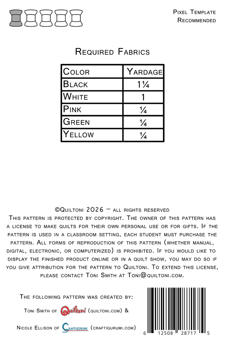 Pattern back cover: Quiltoni Dust Sprites, showing required fabrics and skill level