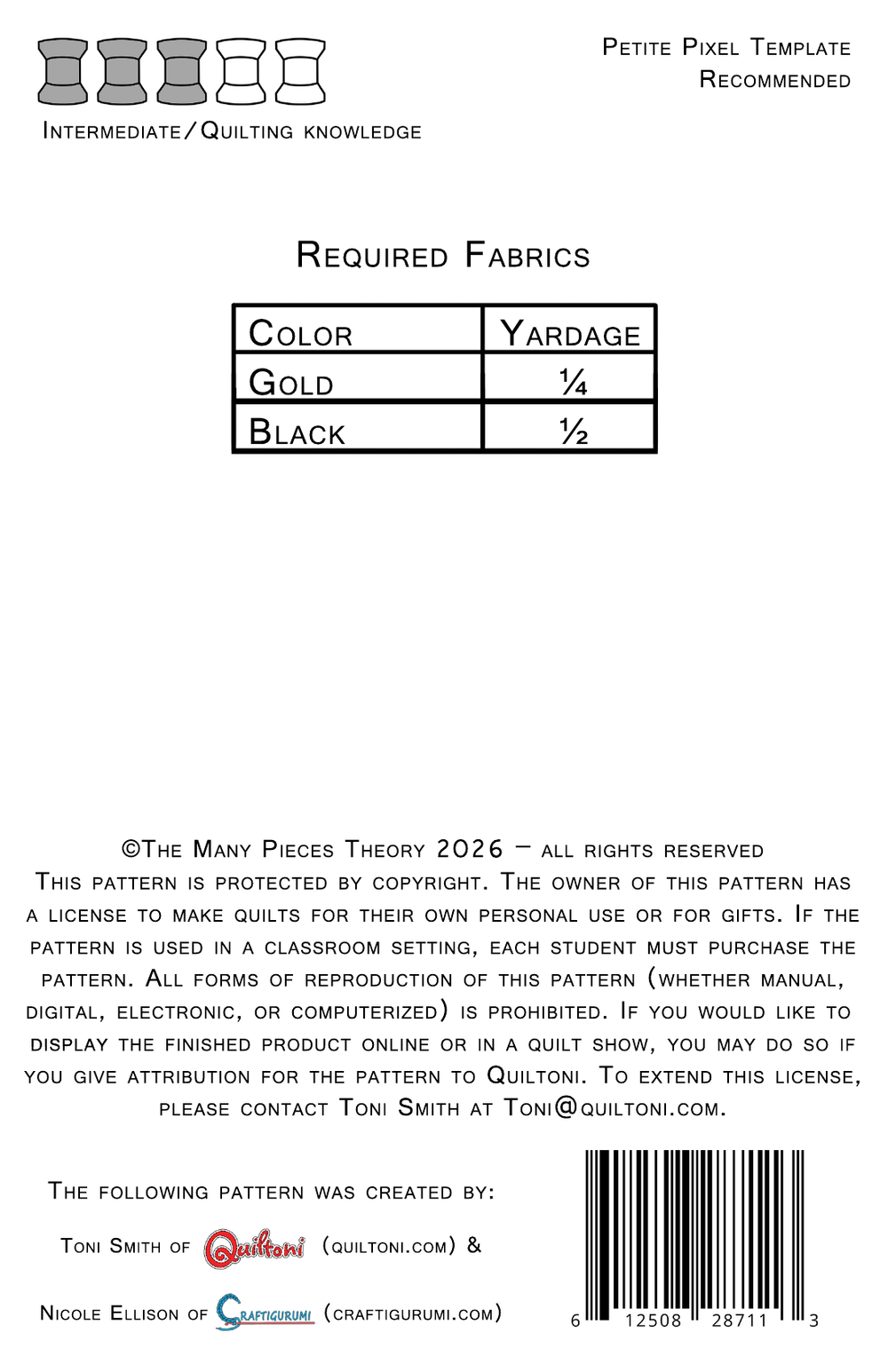 Pattern back cover: Quiltoni Gift of the Goddesses, showing required fabrics and skill level