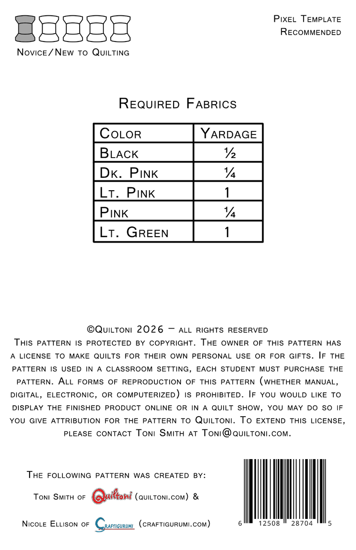 Pattern back cover: Quiltoni Games: Happy Puffball, showing required fabrics and skill level