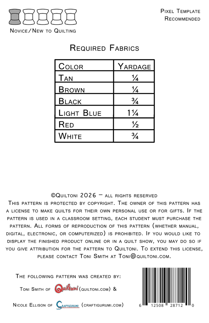 Pattern back cover: Quiltoni Light Mage, showing required fabrics and skill level