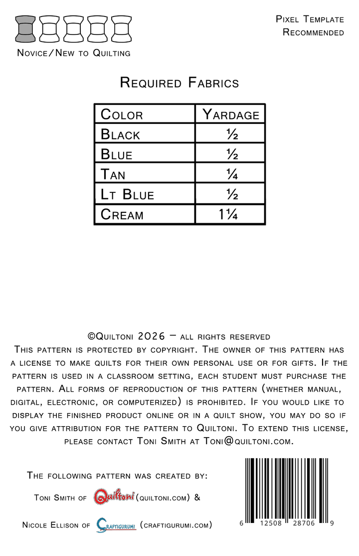 Pattern back cover: Quiltoni Mega Android, showing required fabrics and skill level