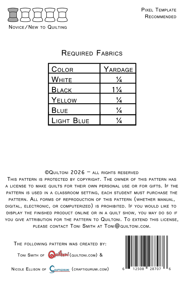 Pattern back cover: Quiltoni Pixel Eater, showing required fabrics and skill level