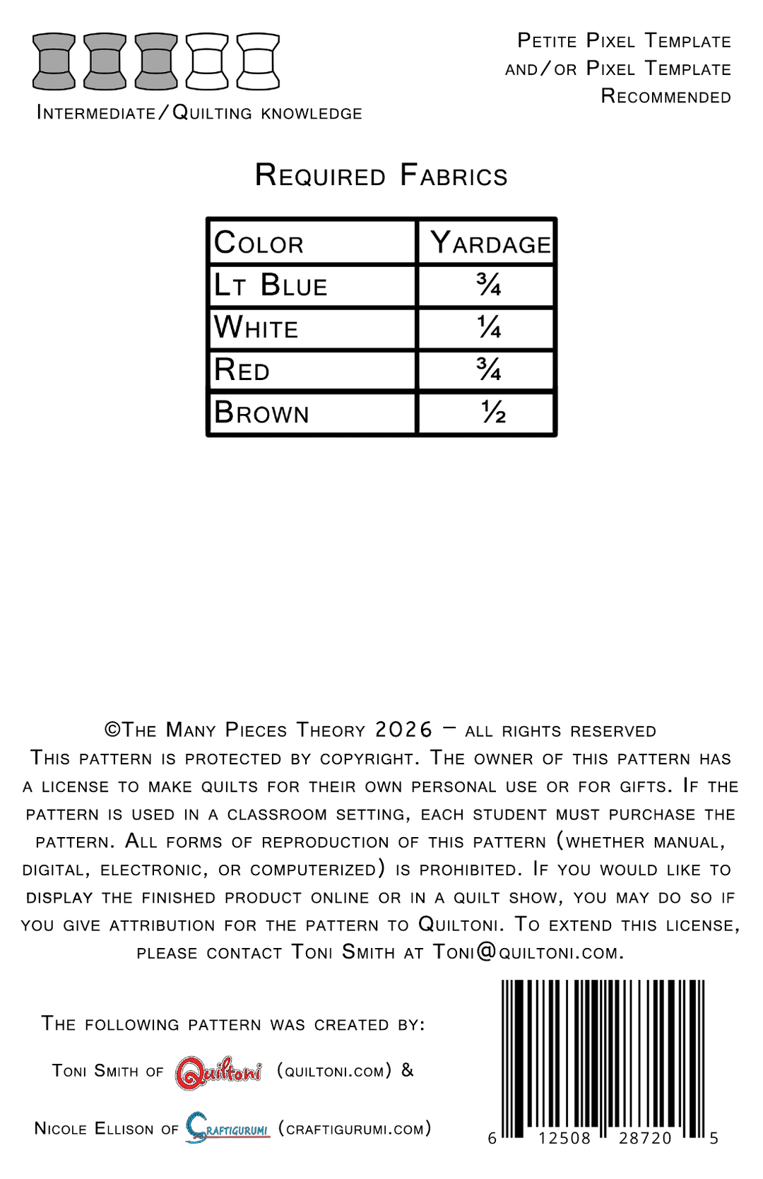 Pattern back cover: Quiltoni Poop & Coffee Blocks for Table Runner & Mug Rugs, showing required fabrics and skill level