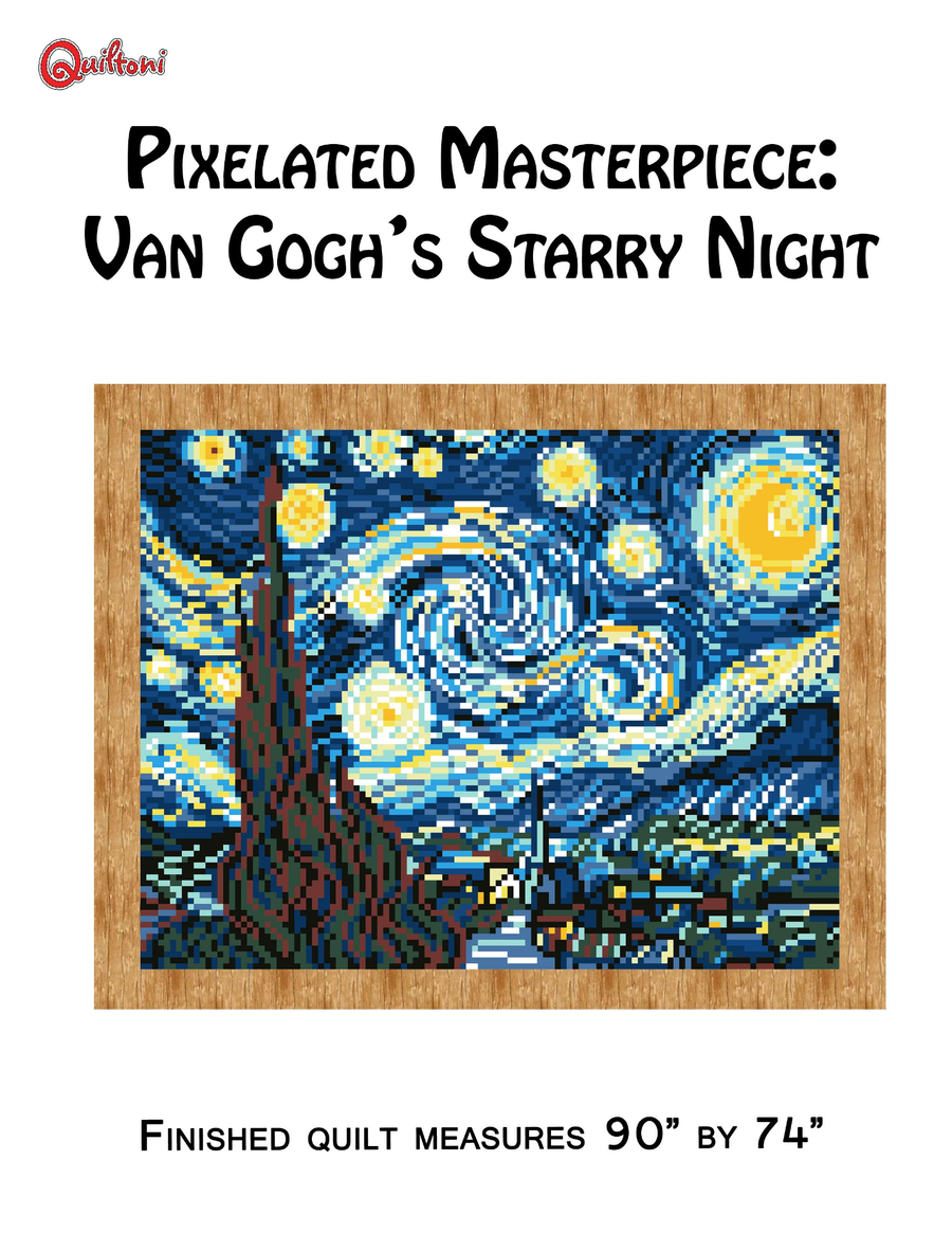 Pattern cover: Quiltoni Pixelated Masterpiece Van Gogh's Starry Night quilt pattern, finished quilt 90 by 74 inches