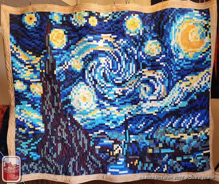 Finished Van Gogh's Starry Night pixel quilt with custom longarm quilting echoing the brushstrokes, hanging on display. Quilt and photo by Linda McLaren, Quilting Biker. PERMISSION PENDING.