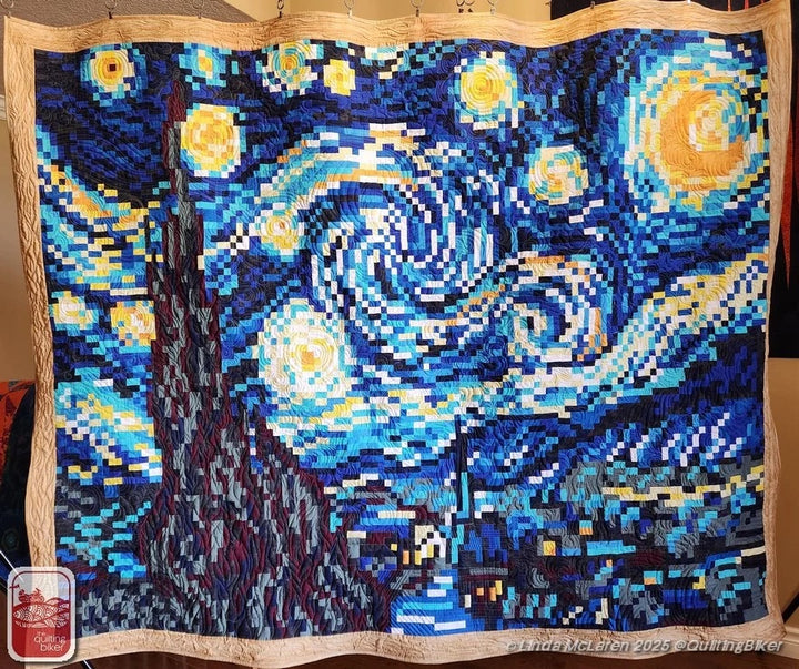 Finished Van Gogh's Starry Night pixel quilt with custom longarm quilting echoing the brushstrokes, hanging on display. Quilt and photo by Linda McLaren, Quilting Biker. PERMISSION PENDING.